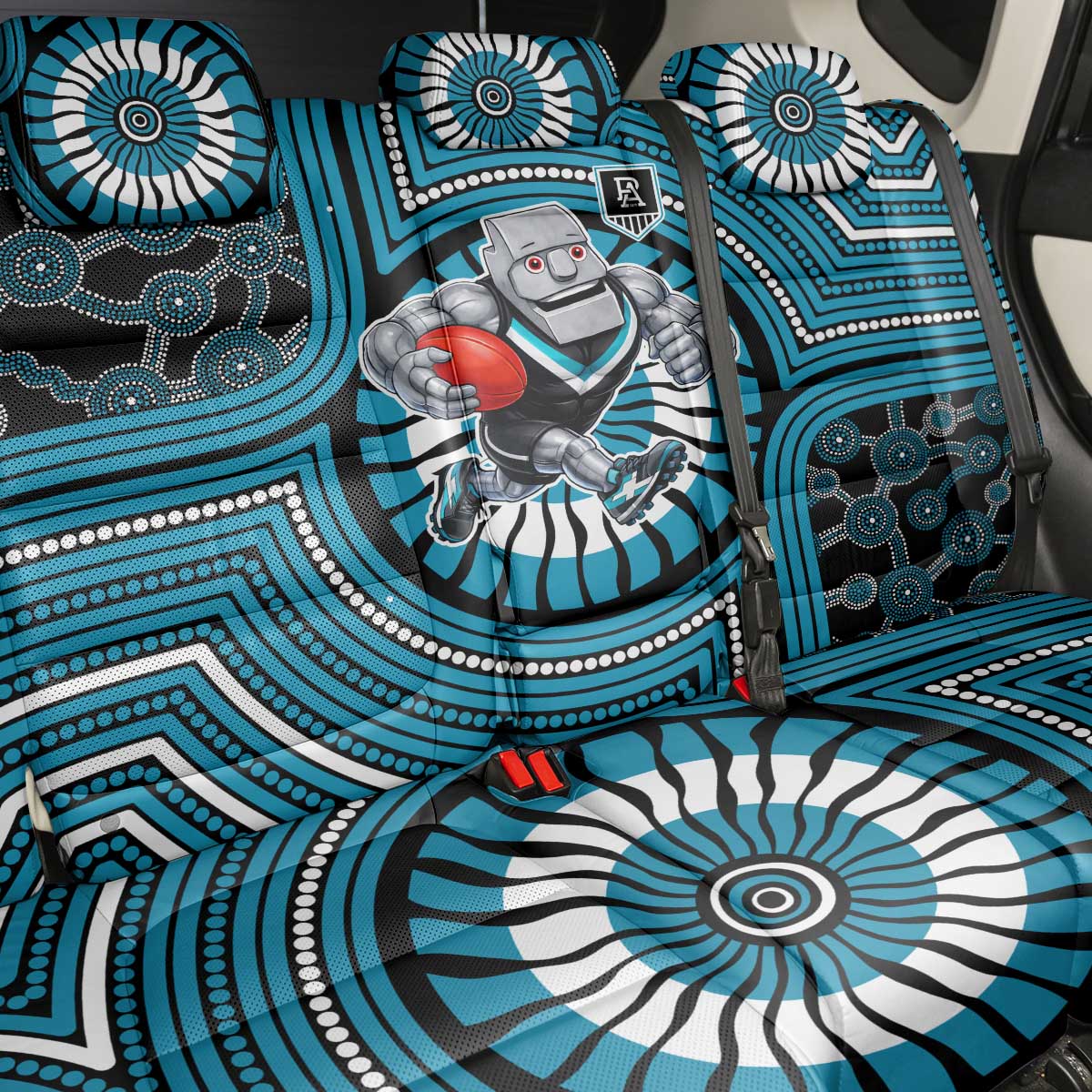 Port Adelaide Football Club Back Car Seat Cover Indigenous Monochrome Dot Art Mascot Style