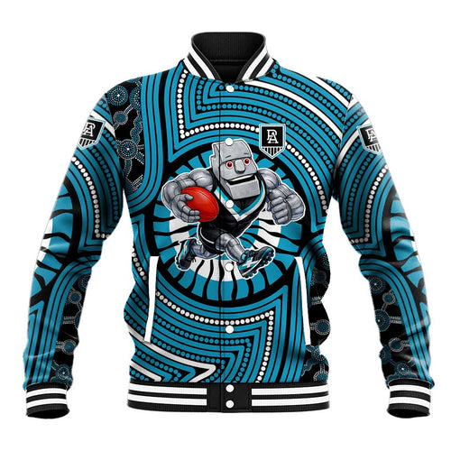 Port Adelaide Football Club Baseball Jacket Indigenous Monochrome Dot Art Mascot Style