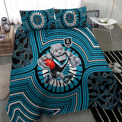 Port Adelaide Football Club Bedding Set Indigenous Monochrome Dot Art Mascot Style