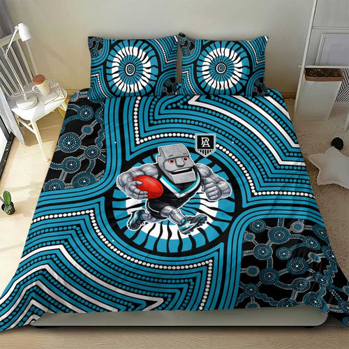 Port Adelaide Football Club Bedding Set Indigenous Monochrome Dot Art Mascot Style