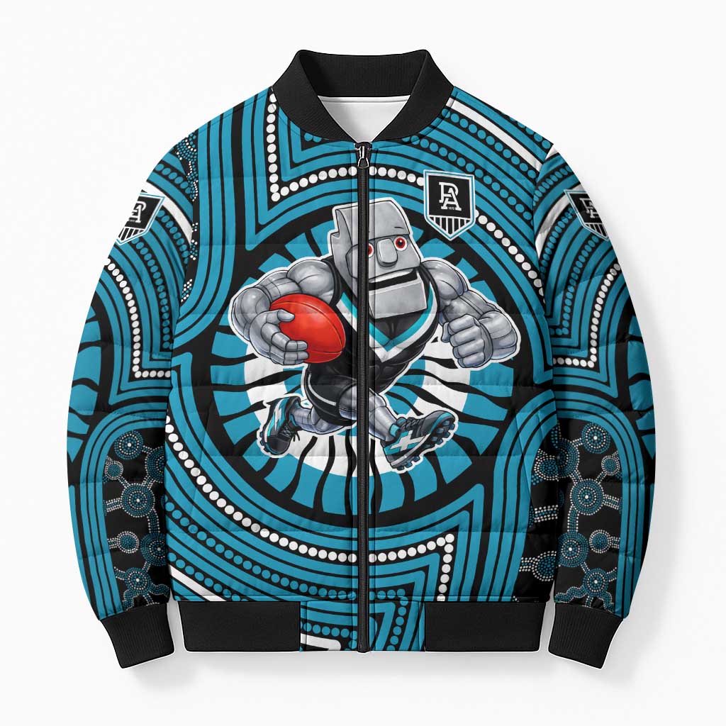 Port Adelaide Football Club Bomber Puffer Jacket Indigenous Monochrome Dot Art Mascot Style