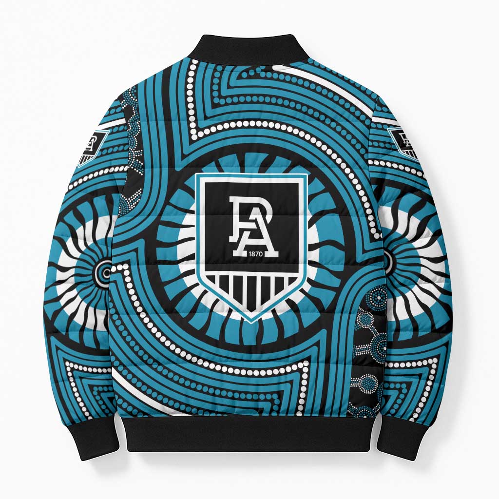 Port Adelaide Football Club Bomber Puffer Jacket Indigenous Monochrome Dot Art Mascot Style