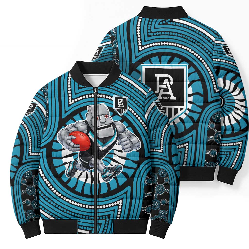 Port Adelaide Football Club Bomber Puffer Jacket Indigenous Monochrome Dot Art Mascot Style