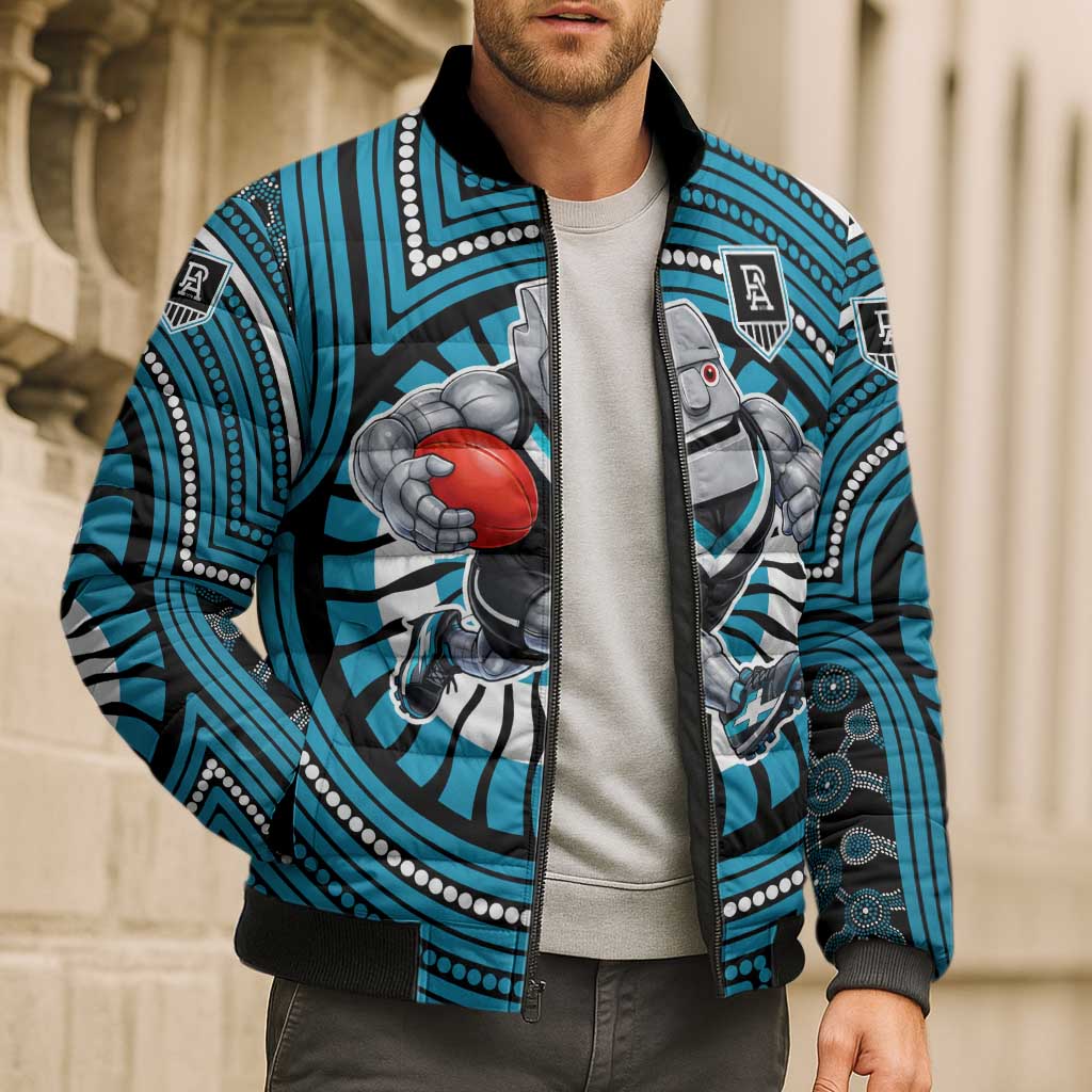Port Adelaide Football Club Bomber Puffer Jacket Indigenous Monochrome Dot Art Mascot Style