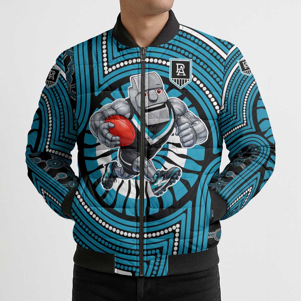 Port Adelaide Football Club Bomber Puffer Jacket Indigenous Monochrome Dot Art Mascot Style