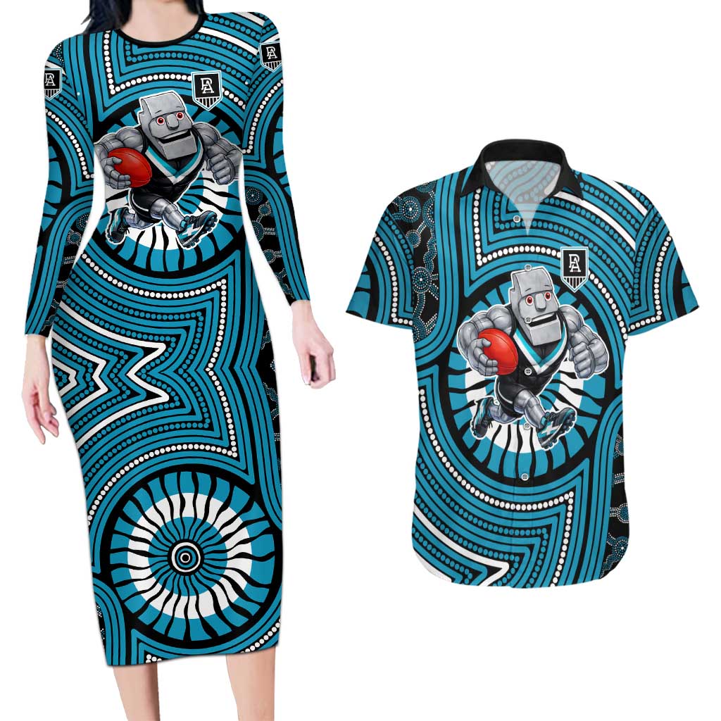Port Adelaide Football Club Couples Matching Long Sleeve Bodycon Dress and Hawaiian Shirt Indigenous Monochrome Dot Art Mascot Style