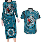 Port Adelaide Football Club Couples Matching Long Sleeve Bodycon Dress and Hawaiian Shirt Indigenous Monochrome Dot Art Mascot Style