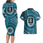 Port Adelaide Football Club Couples Matching Long Sleeve Bodycon Dress and Hawaiian Shirt Indigenous Monochrome Dot Art Mascot Style