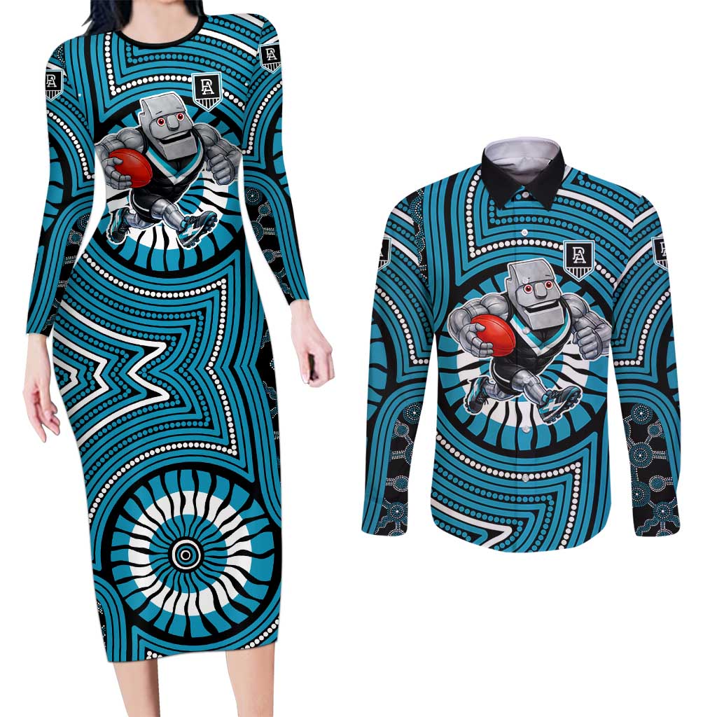Port Adelaide Football Club Couples Matching Long Sleeve Bodycon Dress and Long Sleeve Button Shirt Indigenous Monochrome Dot Art Mascot Style