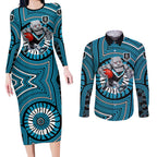 Port Adelaide Football Club Couples Matching Long Sleeve Bodycon Dress and Long Sleeve Button Shirt Indigenous Monochrome Dot Art Mascot Style