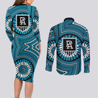 Port Adelaide Football Club Couples Matching Long Sleeve Bodycon Dress and Long Sleeve Button Shirt Indigenous Monochrome Dot Art Mascot Style