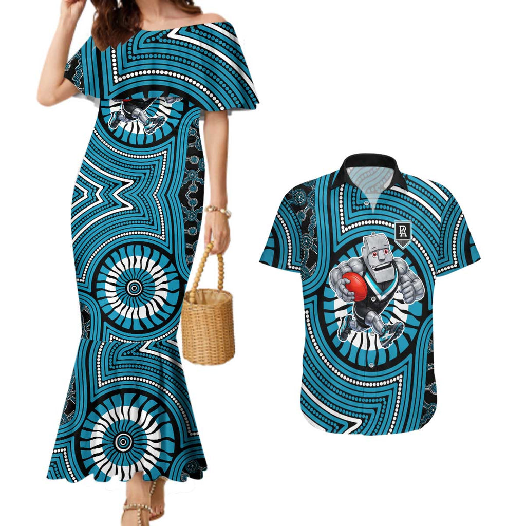 Port Adelaide Football Club Couples Matching Mermaid Dress and Hawaiian Shirt Indigenous Monochrome Dot Art Mascot Style