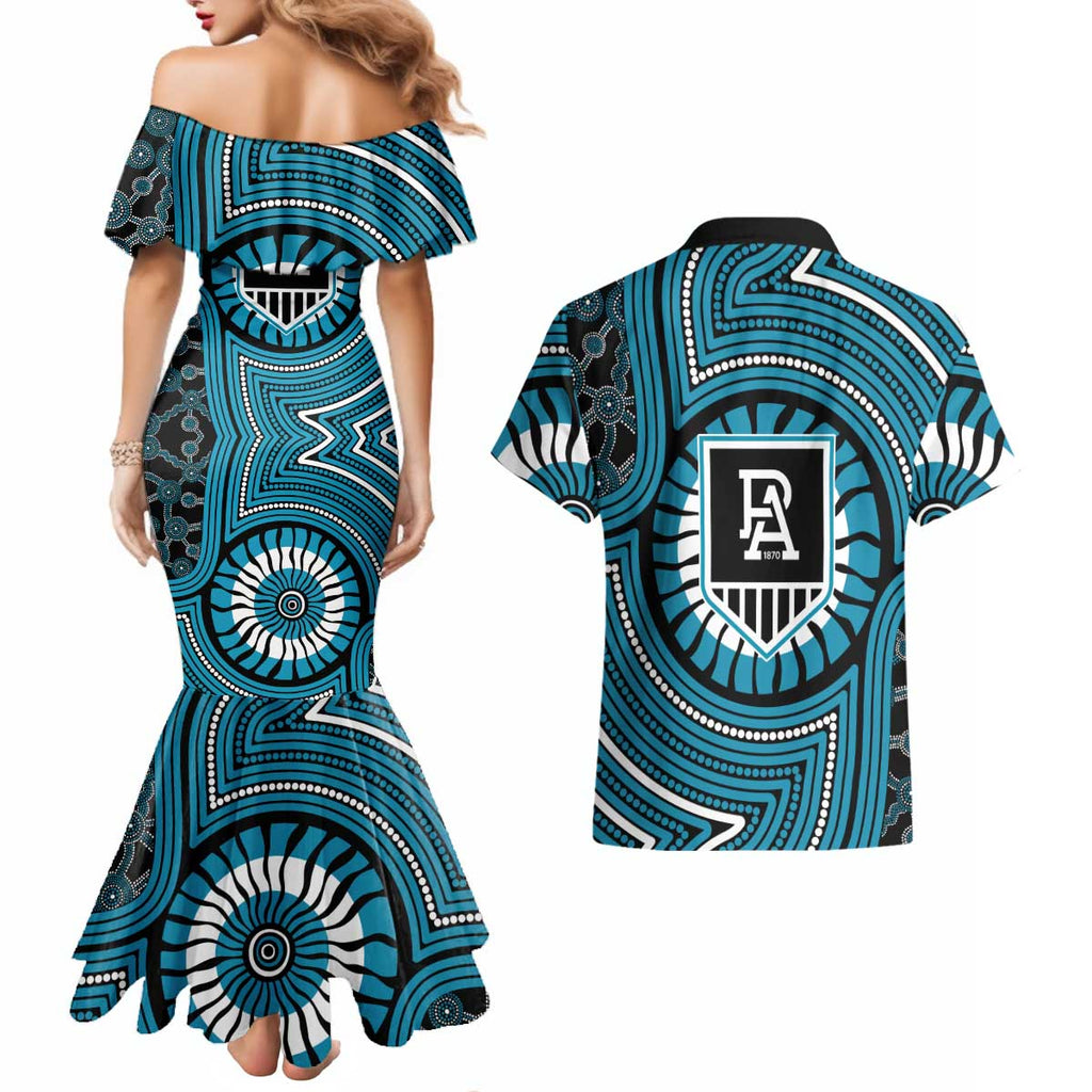 Port Adelaide Football Club Couples Matching Mermaid Dress and Hawaiian Shirt Indigenous Monochrome Dot Art Mascot Style