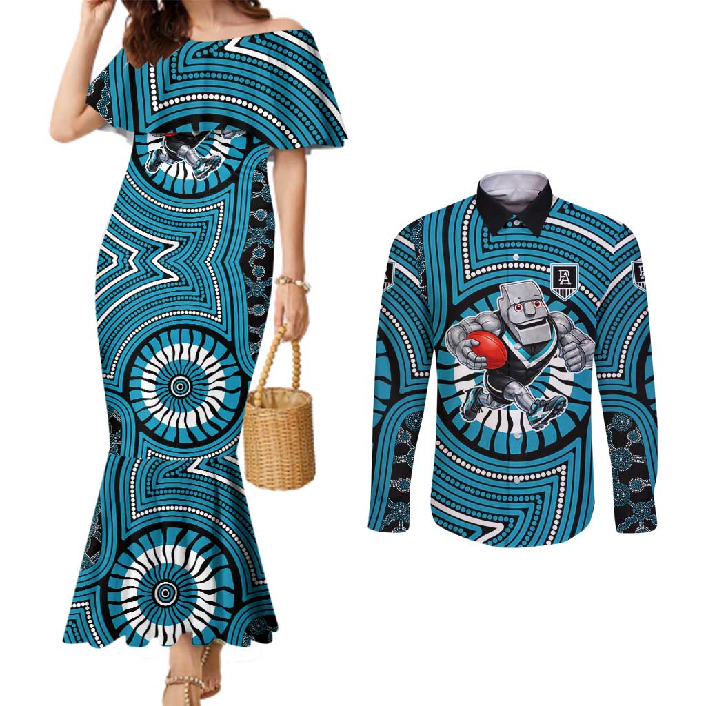 Port Adelaide Football Club Couples Matching Mermaid Dress and Long Sleeve Button Shirt Indigenous Monochrome Dot Art Mascot Style