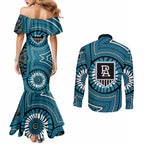 Port Adelaide Football Club Couples Matching Mermaid Dress and Long Sleeve Button Shirt Indigenous Monochrome Dot Art Mascot Style