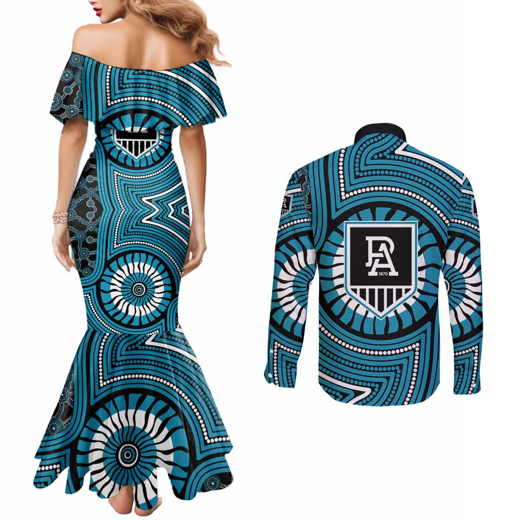 Port Adelaide Football Club Couples Matching Mermaid Dress and Long Sleeve Button Shirt Indigenous Monochrome Dot Art Mascot Style
