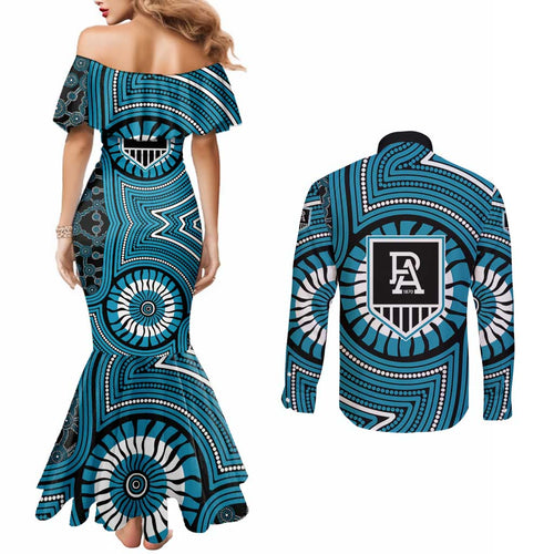Port Adelaide Football Club Couples Matching Mermaid Dress and Long Sleeve Button Shirt Indigenous Monochrome Dot Art Mascot Style