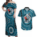 Port Adelaide Football Club Couples Matching Off Shoulder Maxi Dress and Hawaiian Shirt Indigenous Monochrome Dot Art Mascot Style