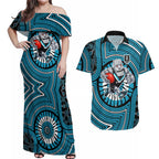 Port Adelaide Football Club Couples Matching Off Shoulder Maxi Dress and Hawaiian Shirt Indigenous Monochrome Dot Art Mascot Style