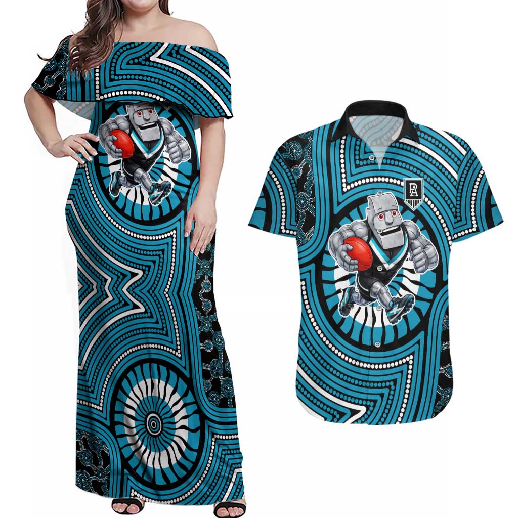 Port Adelaide Football Club Couples Matching Off Shoulder Maxi Dress and Hawaiian Shirt Indigenous Monochrome Dot Art Mascot Style