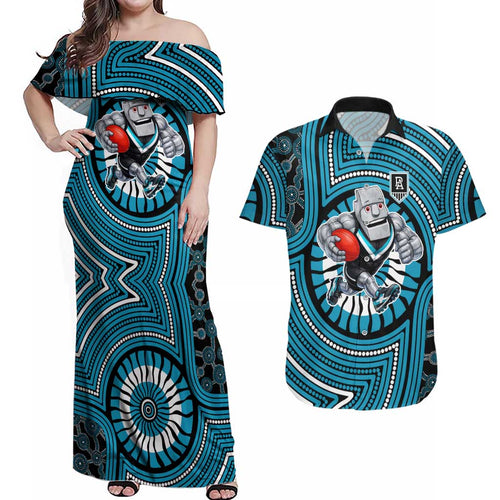 Port Adelaide Football Club Couples Matching Off Shoulder Maxi Dress and Hawaiian Shirt Indigenous Monochrome Dot Art Mascot Style