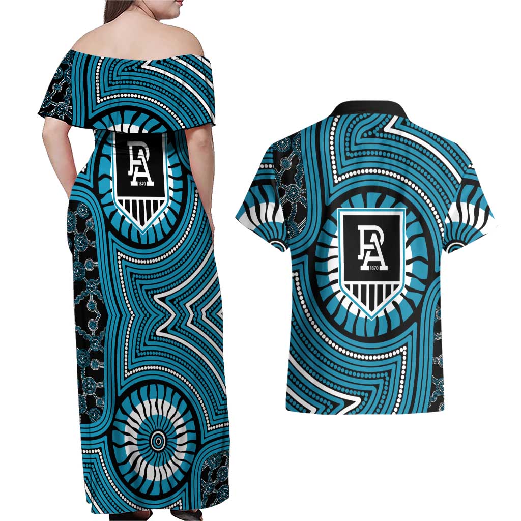 Port Adelaide Football Club Couples Matching Off Shoulder Maxi Dress and Hawaiian Shirt Indigenous Monochrome Dot Art Mascot Style