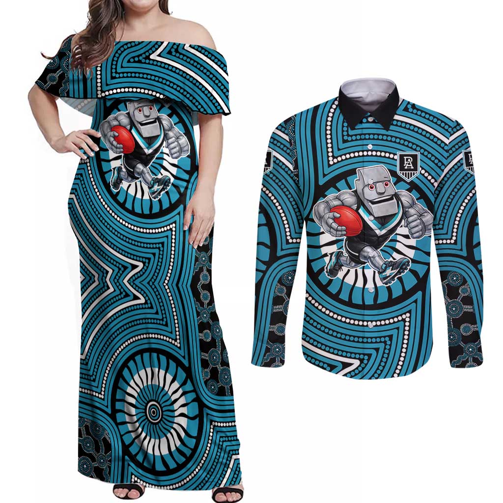 Port Adelaide Football Club Couples Matching Off Shoulder Maxi Dress and Long Sleeve Button Shirt Indigenous Monochrome Dot Art Mascot Style