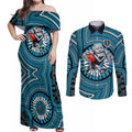 Port Adelaide Football Club Couples Matching Off Shoulder Maxi Dress and Long Sleeve Button Shirt Indigenous Monochrome Dot Art Mascot Style