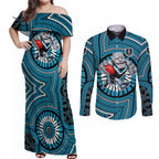 Port Adelaide Football Club Couples Matching Off Shoulder Maxi Dress and Long Sleeve Button Shirt Indigenous Monochrome Dot Art Mascot Style