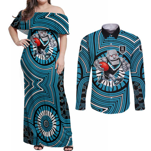 Port Adelaide Football Club Couples Matching Off Shoulder Maxi Dress and Long Sleeve Button Shirt Indigenous Monochrome Dot Art Mascot Style