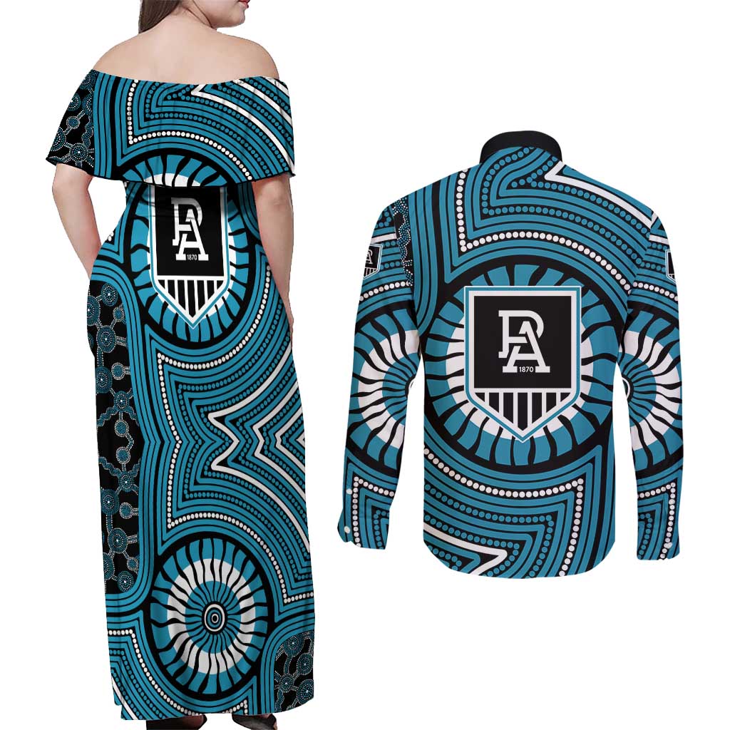 Port Adelaide Football Club Couples Matching Off Shoulder Maxi Dress and Long Sleeve Button Shirt Indigenous Monochrome Dot Art Mascot Style