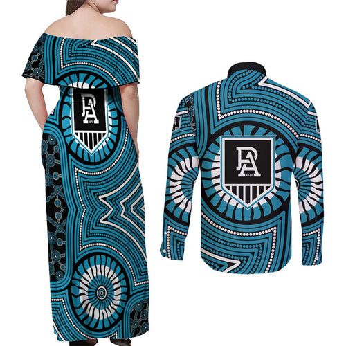 Port Adelaide Football Club Couples Matching Off Shoulder Maxi Dress and Long Sleeve Button Shirt Indigenous Monochrome Dot Art Mascot Style