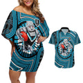Port Adelaide Football Club Couples Matching Off Shoulder Short Dress and Hawaiian Shirt Indigenous Monochrome Dot Art Mascot Style