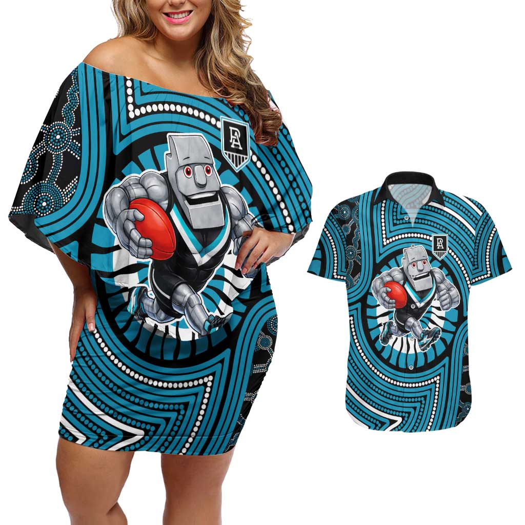Port Adelaide Football Club Couples Matching Off Shoulder Short Dress and Hawaiian Shirt Indigenous Monochrome Dot Art Mascot Style