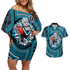 Port Adelaide Football Club Couples Matching Off Shoulder Short Dress and Hawaiian Shirt Indigenous Monochrome Dot Art Mascot Style