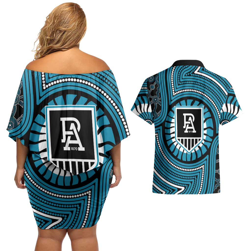 Port Adelaide Football Club Couples Matching Off Shoulder Short Dress and Hawaiian Shirt Indigenous Monochrome Dot Art Mascot Style