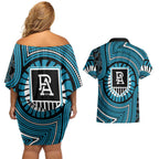 Port Adelaide Football Club Couples Matching Off Shoulder Short Dress and Hawaiian Shirt Indigenous Monochrome Dot Art Mascot Style