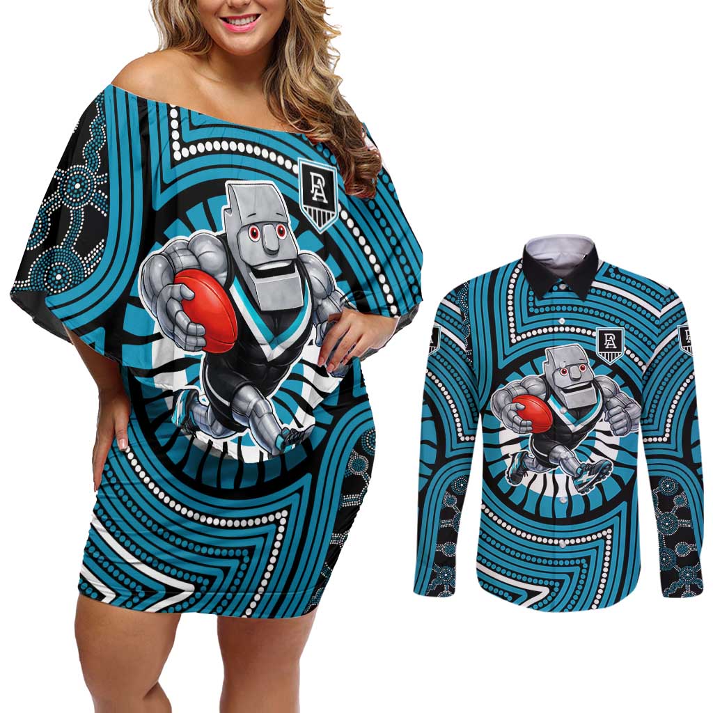 Port Adelaide Football Club Couples Matching Off Shoulder Short Dress and Long Sleeve Button Shirt Indigenous Monochrome Dot Art Mascot Style
