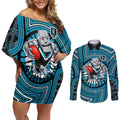 Port Adelaide Football Club Couples Matching Off Shoulder Short Dress and Long Sleeve Button Shirt Indigenous Monochrome Dot Art Mascot Style