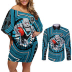 Port Adelaide Football Club Couples Matching Off Shoulder Short Dress and Long Sleeve Button Shirt Indigenous Monochrome Dot Art Mascot Style