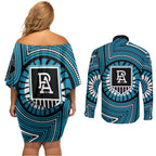 Port Adelaide Football Club Couples Matching Off Shoulder Short Dress and Long Sleeve Button Shirt Indigenous Monochrome Dot Art Mascot Style
