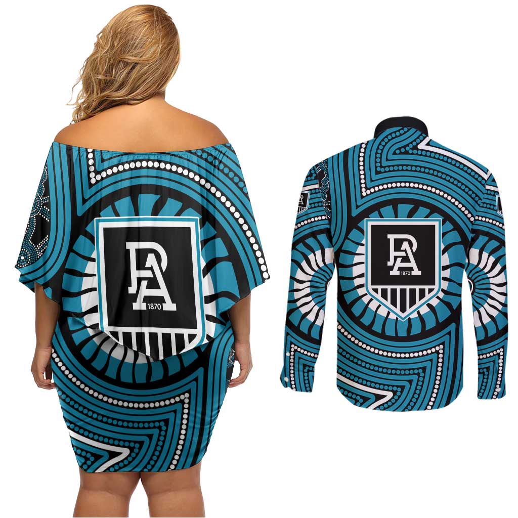 Port Adelaide Football Club Couples Matching Off Shoulder Short Dress and Long Sleeve Button Shirt Indigenous Monochrome Dot Art Mascot Style