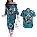 Port Adelaide Football Club Couples Matching Off The Shoulder Long Sleeve Dress and Hawaiian Shirt Indigenous Monochrome Dot Art Mascot Style