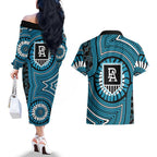 Port Adelaide Football Club Couples Matching Off The Shoulder Long Sleeve Dress and Hawaiian Shirt Indigenous Monochrome Dot Art Mascot Style