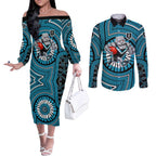 Port Adelaide Football Club Couples Matching Off The Shoulder Long Sleeve Dress and Long Sleeve Button Shirt Indigenous Monochrome Dot Art Mascot Style
