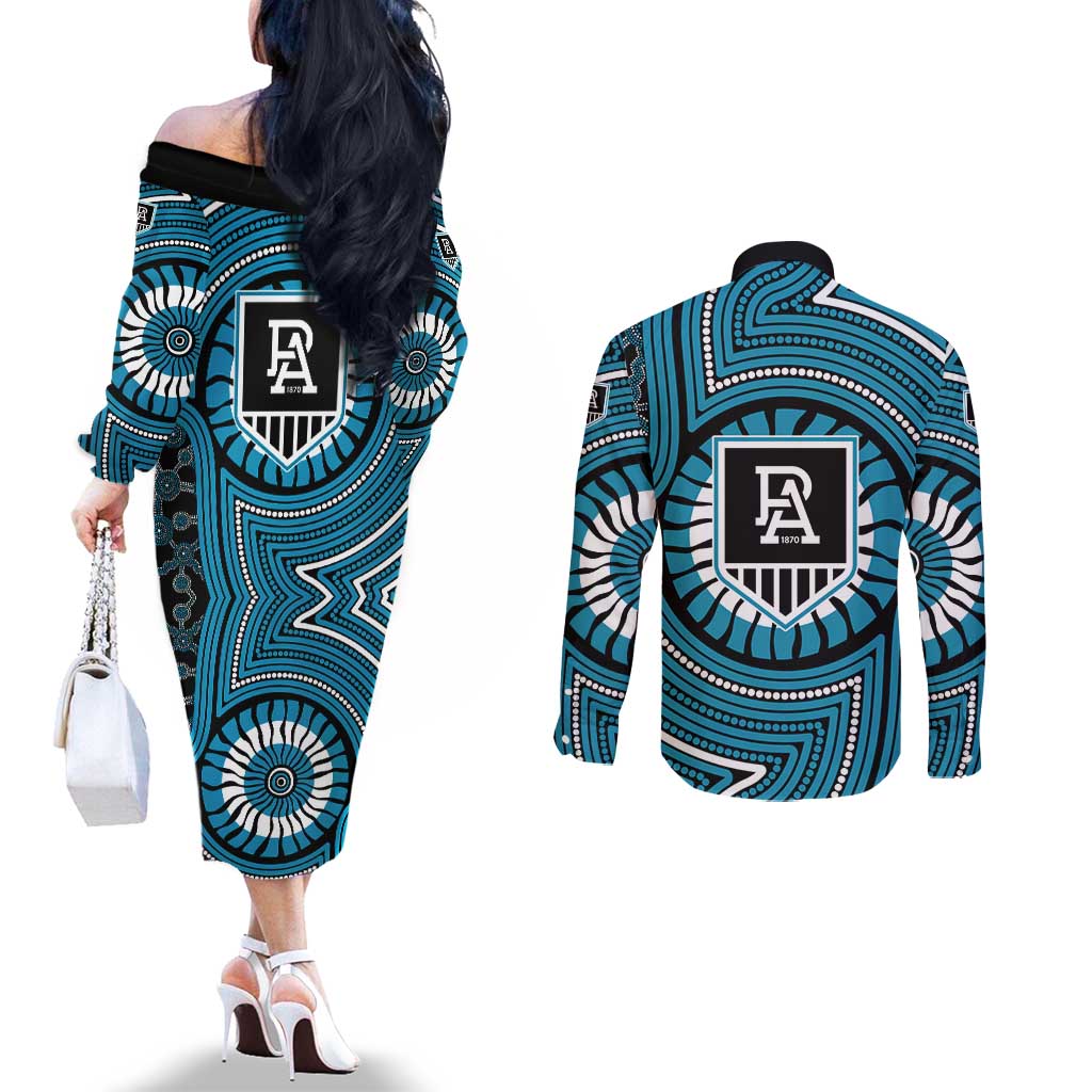 Port Adelaide Football Club Couples Matching Off The Shoulder Long Sleeve Dress and Long Sleeve Button Shirt Indigenous Monochrome Dot Art Mascot Style