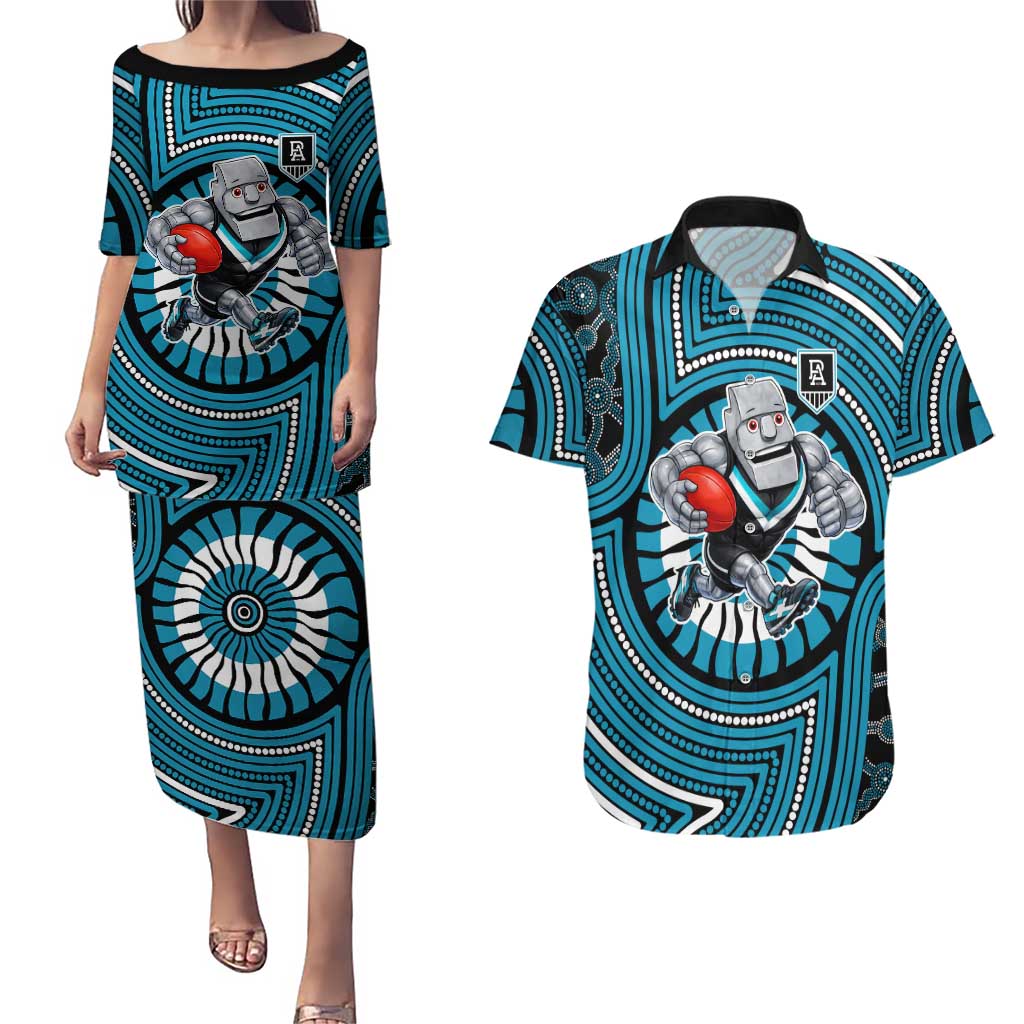 Port Adelaide Football Club Couples Matching Puletasi and Hawaiian Shirt Indigenous Monochrome Dot Art Mascot Style