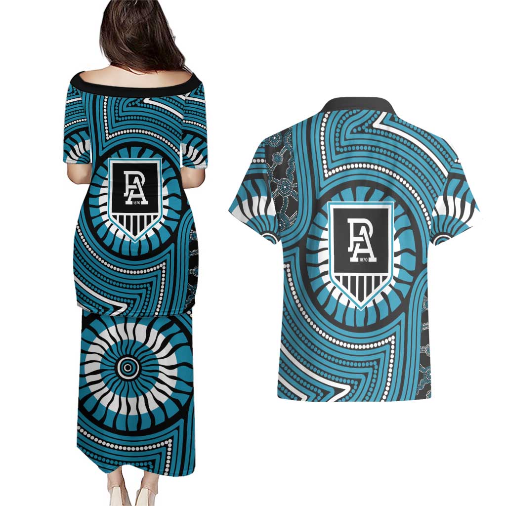 Port Adelaide Football Club Couples Matching Puletasi and Hawaiian Shirt Indigenous Monochrome Dot Art Mascot Style