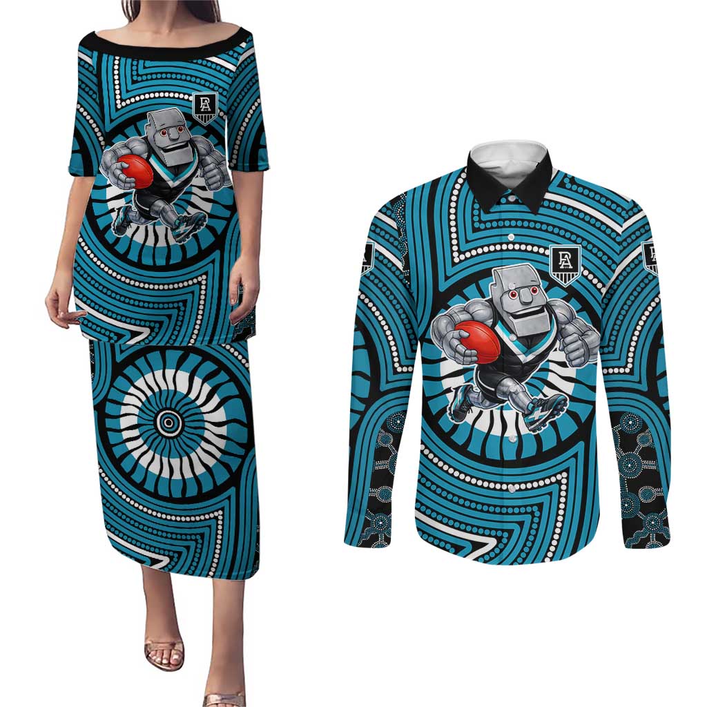 Port Adelaide Football Club Couples Matching Puletasi and Long Sleeve Button Shirt Indigenous Monochrome Dot Art Mascot Style