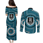 Port Adelaide Football Club Couples Matching Puletasi and Long Sleeve Button Shirt Indigenous Monochrome Dot Art Mascot Style